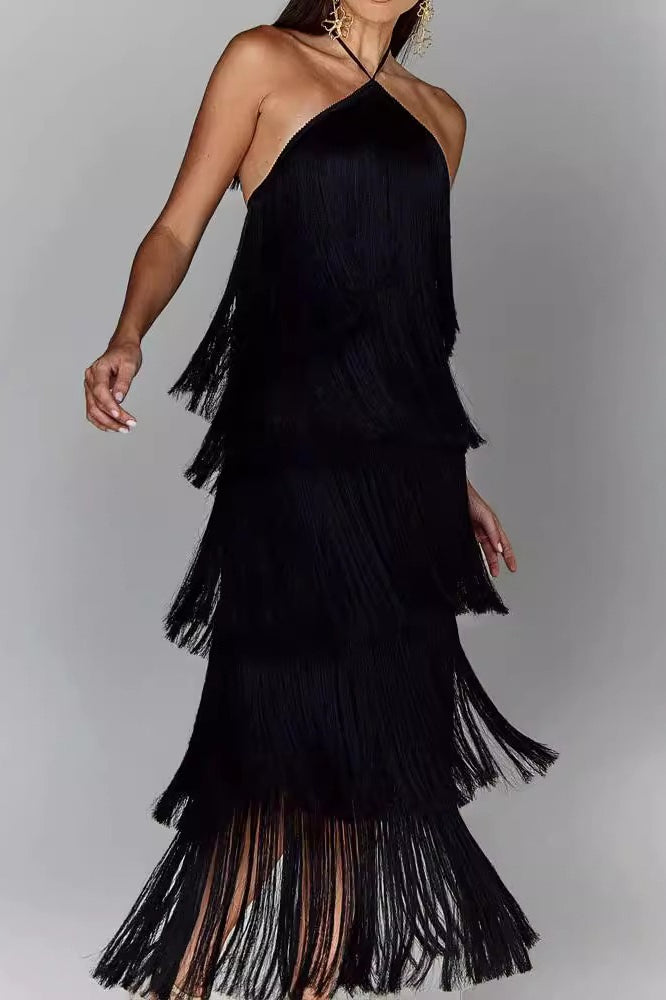Chic Halter Fringe Backless Slit Cocktail Dress in Khaki - View 3
