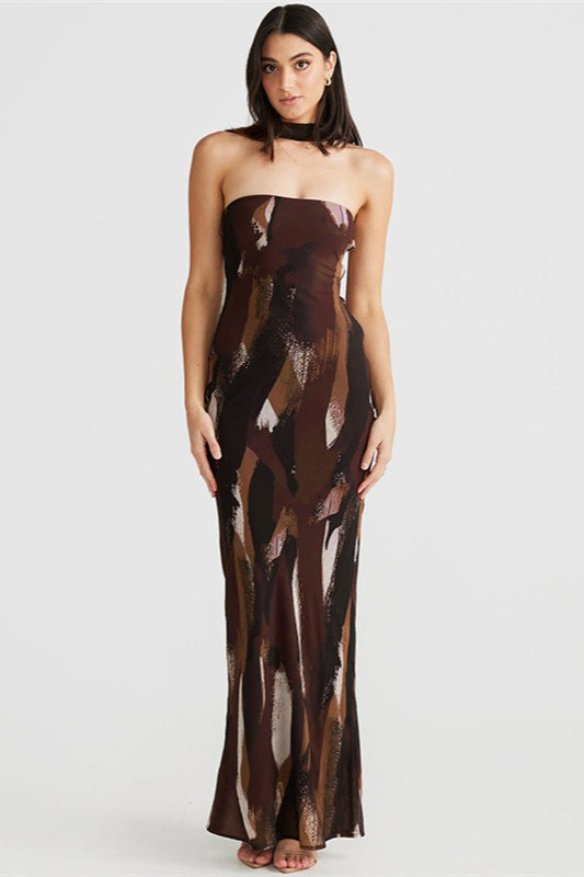 Abstract Print Halter Neck Scarf Tie Mermaid Maxi Dress 3