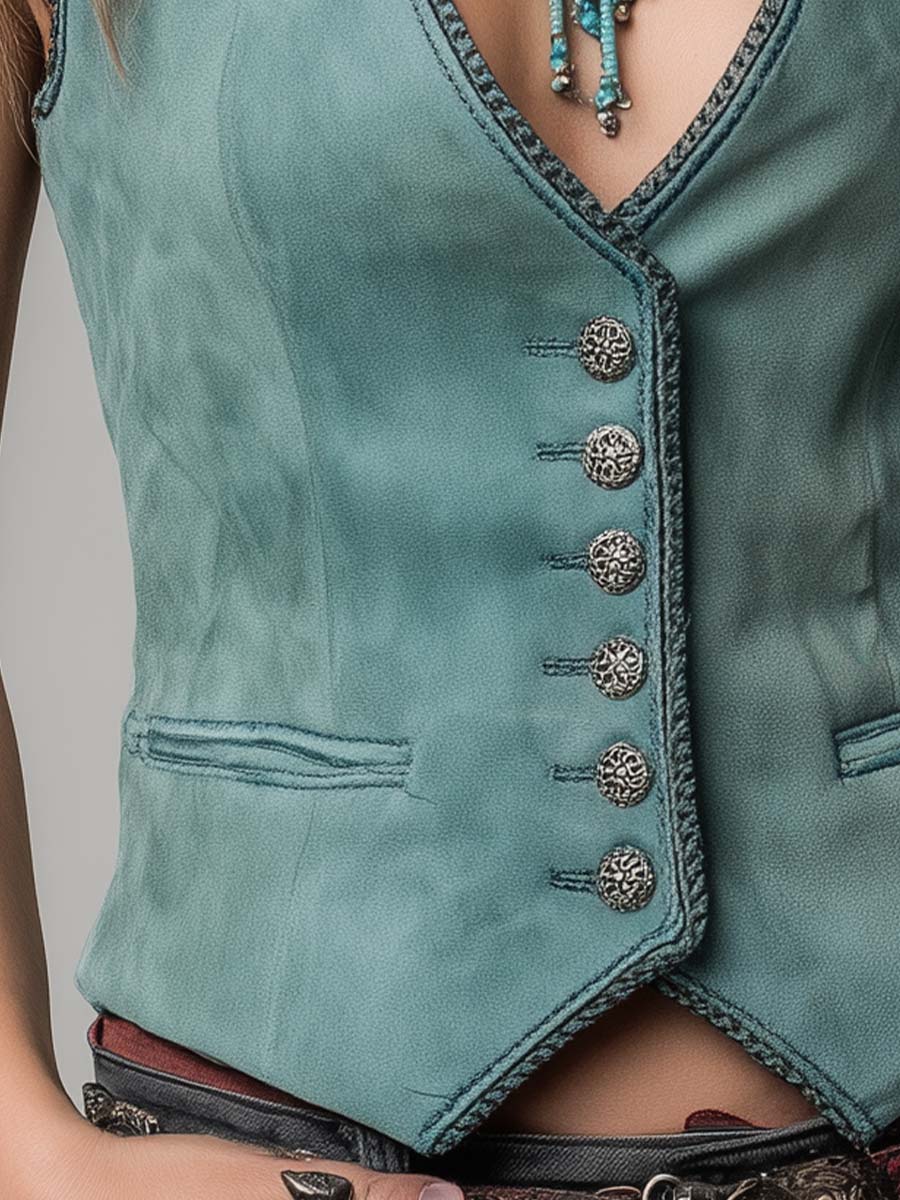 Mint Green Microsuede Bohemian Fitted Vest - Fashionpara