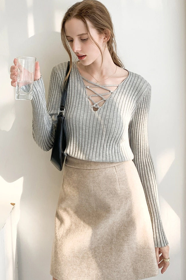 Slim Fit Lace Up V Neck Sweater