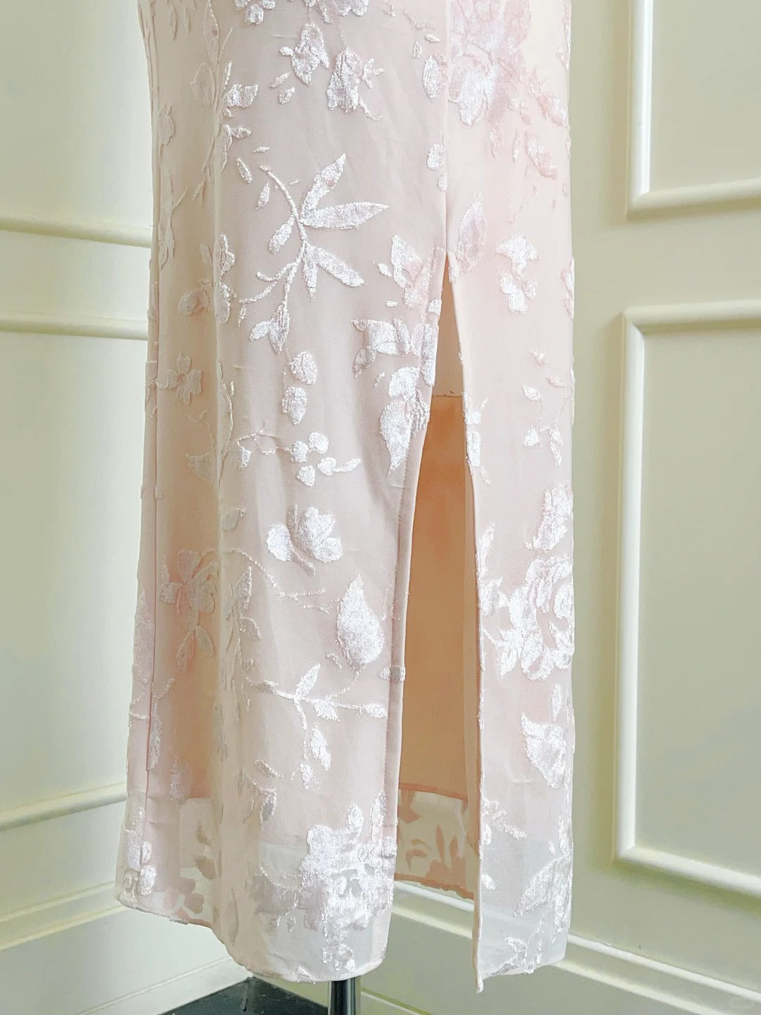 Elegant Pink Slim Halter Neck Jacquard Slit Long Prom Dress Evening Dress P4077