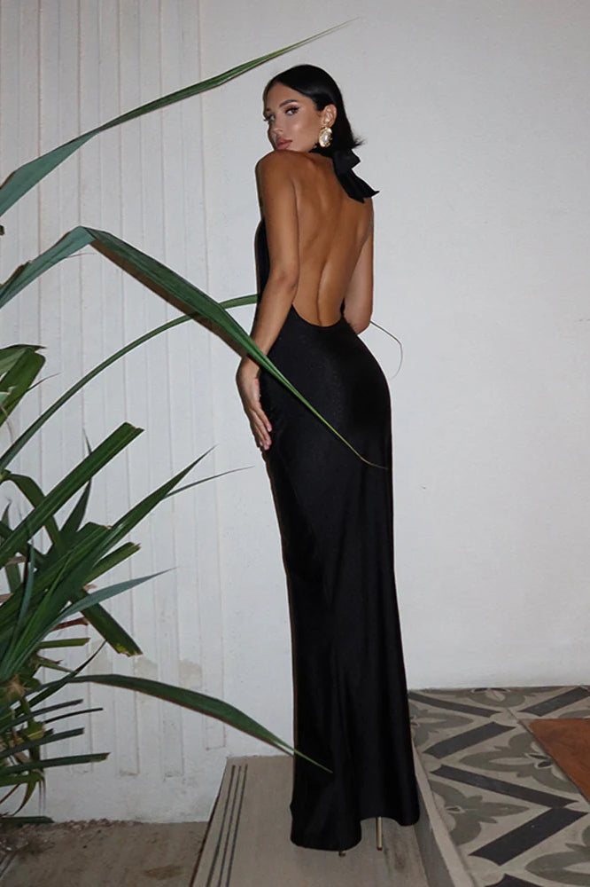 Halter Neck Plunge Ruched Slit Maxi Dress 7