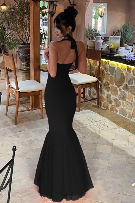 Backless Square-Neck Halter Tulle Mermaid Gown