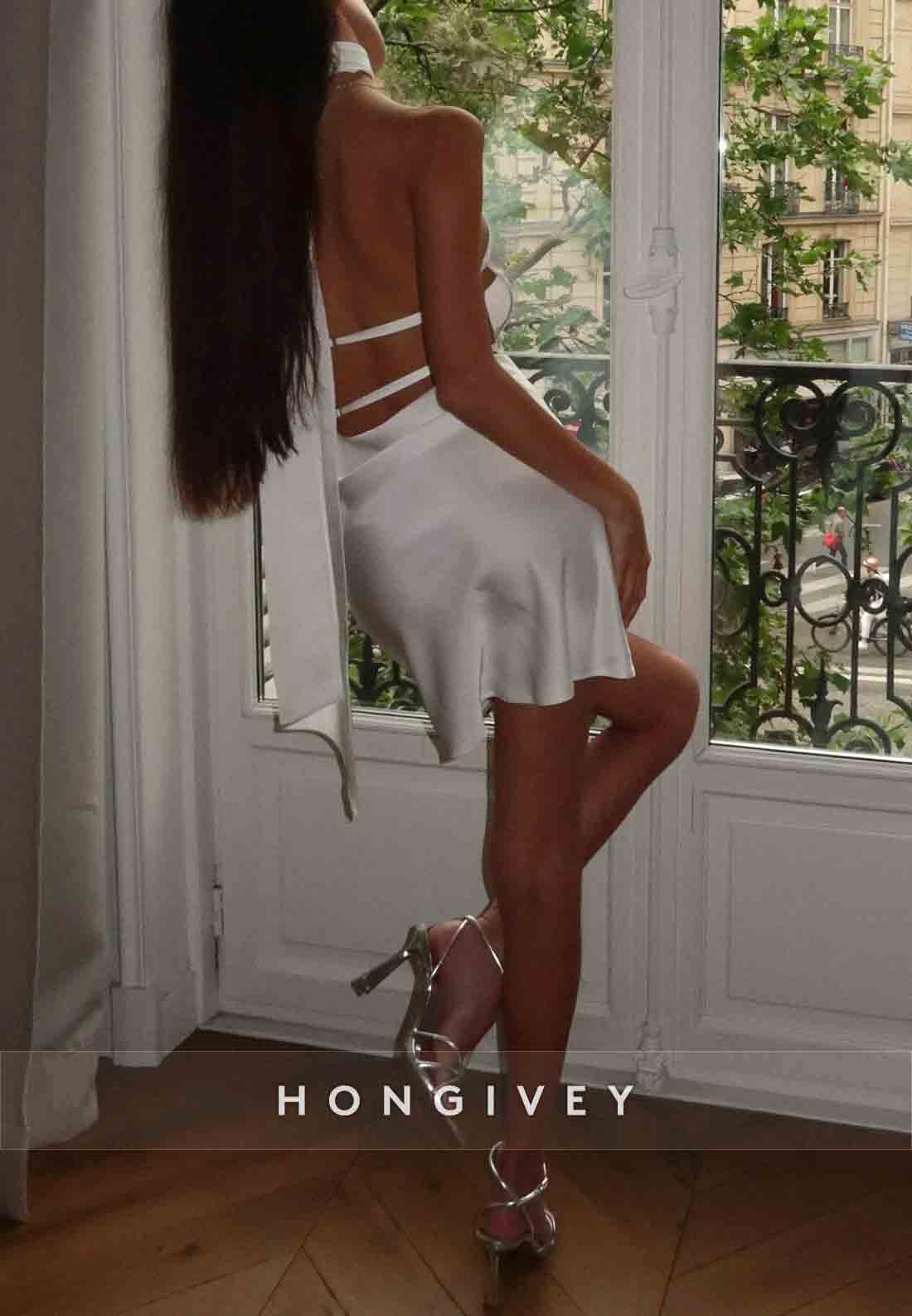Halter Simple Sheath Satin Mini Ladder Back Side Draping Homecoming Dresses