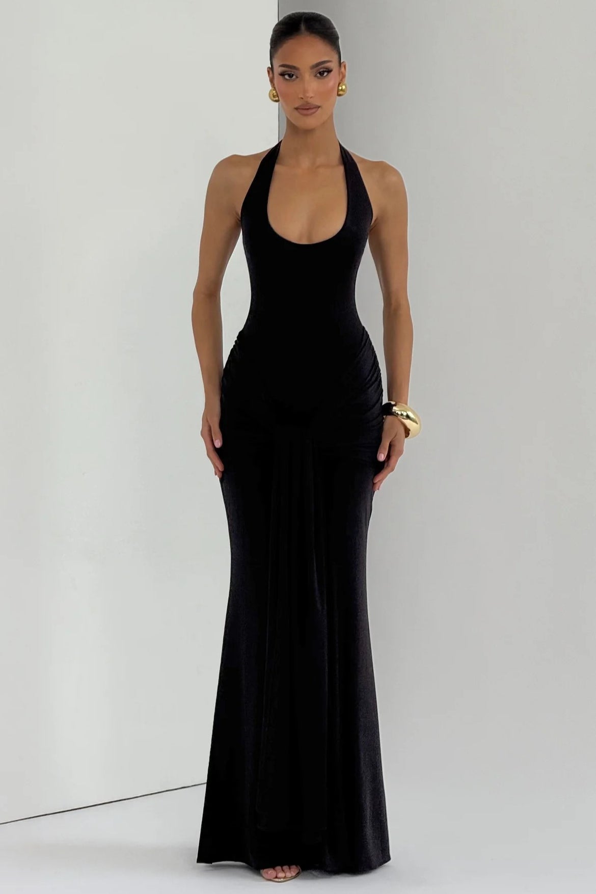 Halter Scoop-Neck Knot-Drape Jersey Fishtail Gown