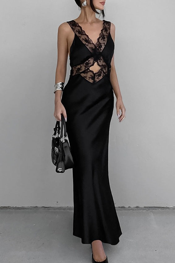 Satin V-Neck Lace Trim Slip Dress