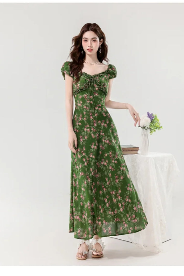 Floral Print Sweetheart Ruffle Puff Sleeve A-Line Maxi Dress