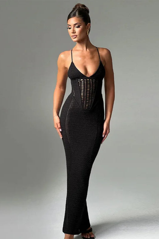Crochet Knit Plunge Corset Mermaid Maxi Dress