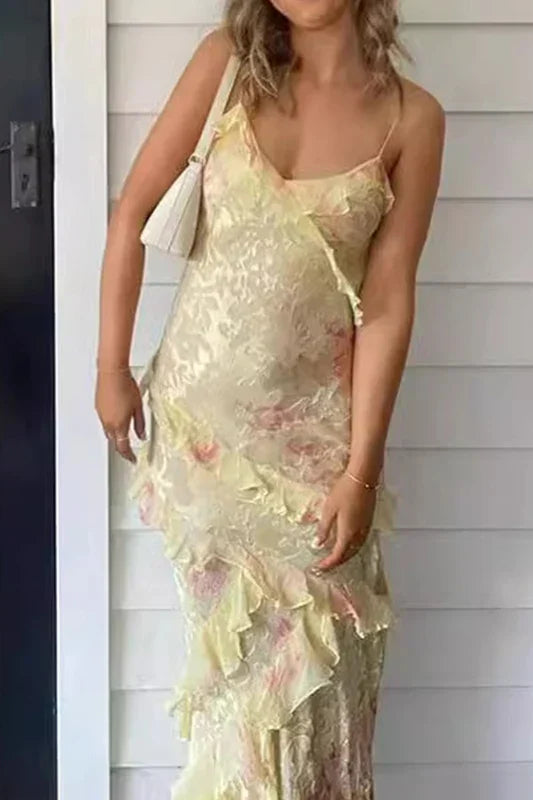 V Neck Ruffled Floral Print Vacation Dress