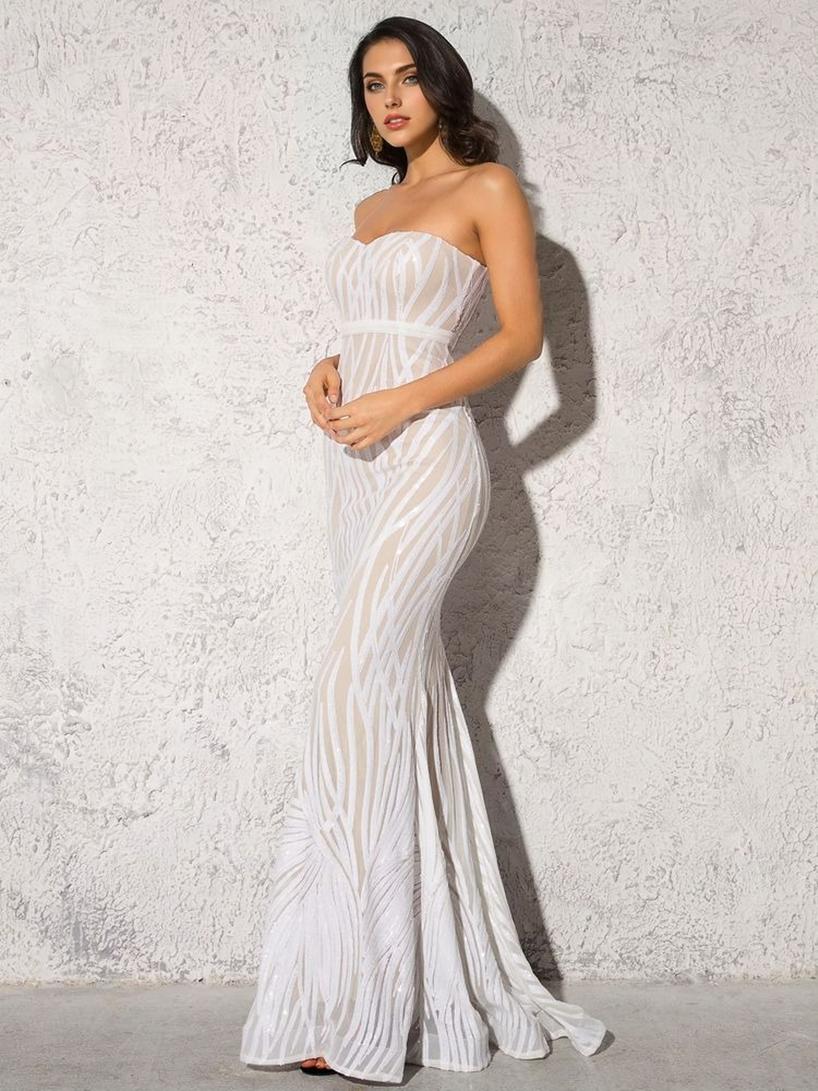 Patterned Sequin Strapless Sweetheart Mermaid Gown 6