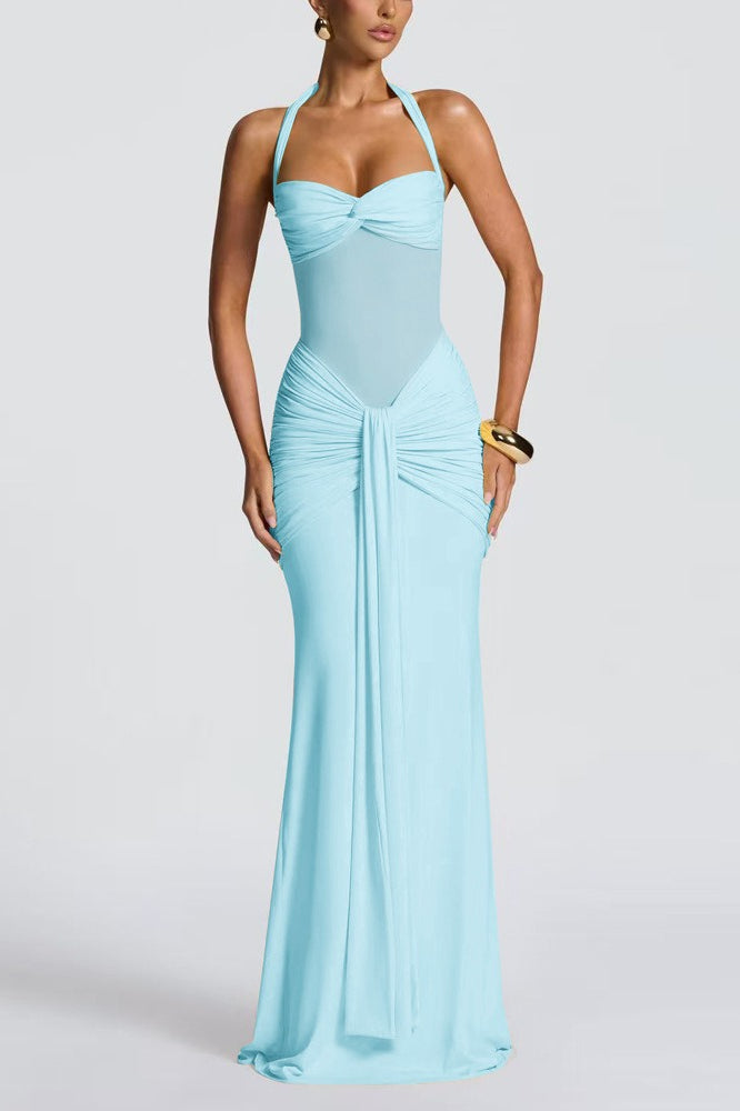 Halter Twist-Front Mesh Panel Ruched Mermaid Gown