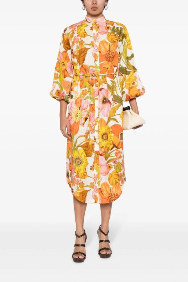 Floral Print Fashion Puff Sleeve Fitted Swing Midi Dress - Fashionpara