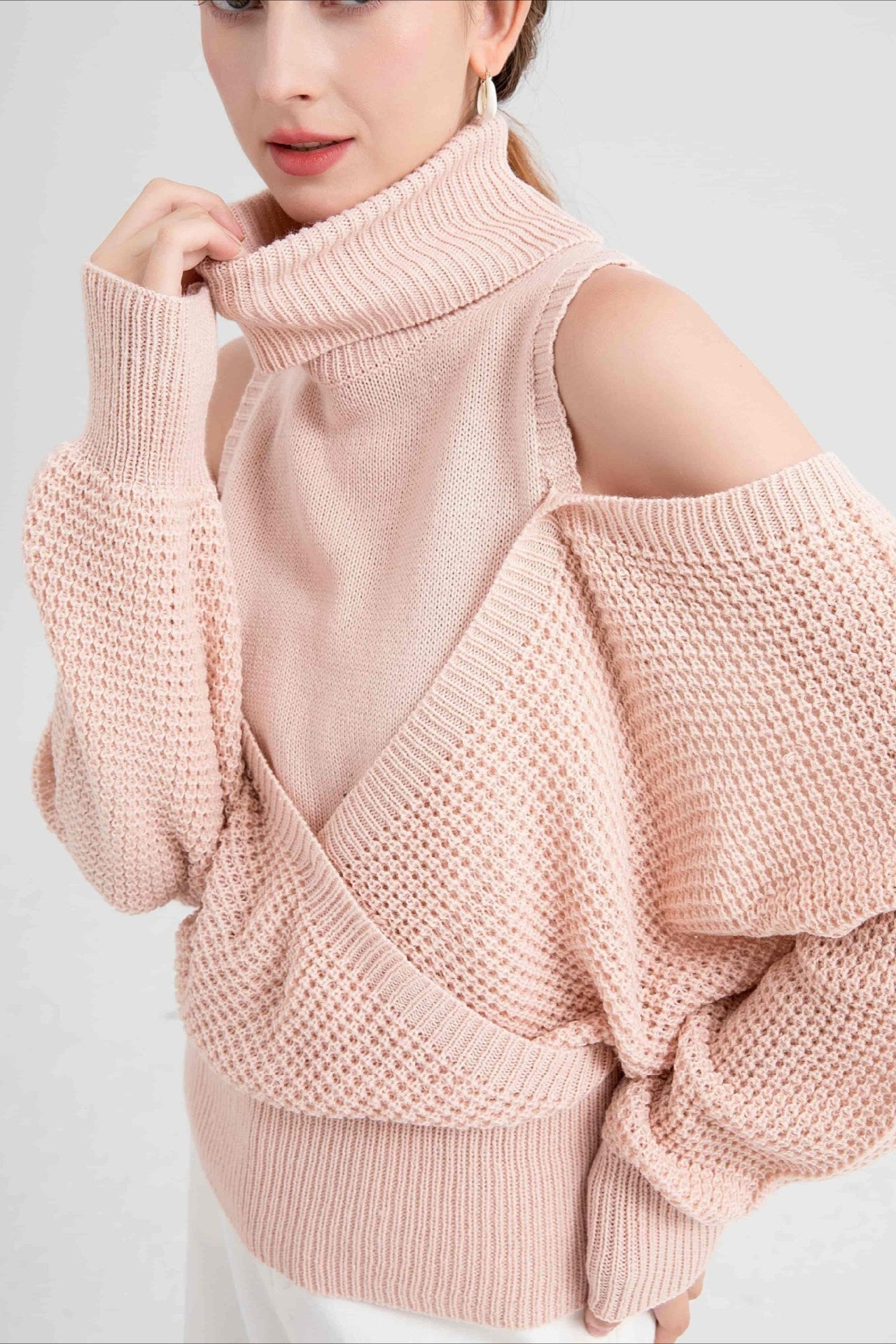 PrincessAce High Neck Off-Shoulder Layered Knit Sweater