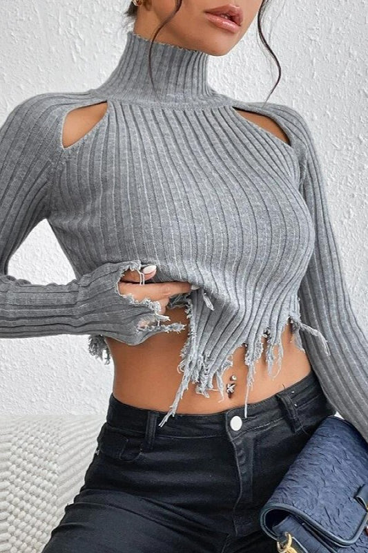 Distressed Cropped Turtleneck Knit Top 2