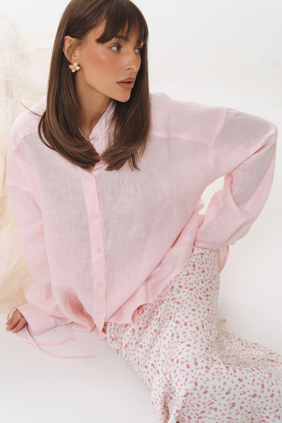 Pink Structured Tie-Waist Long Sleeve Blouse