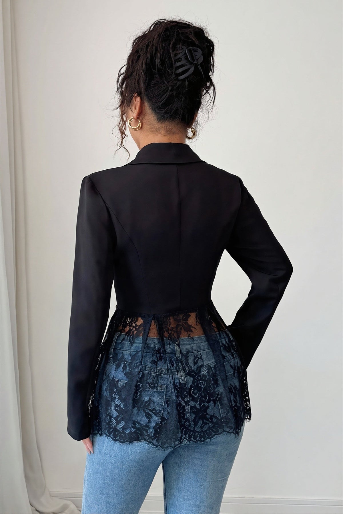 Sheer Lace Panel Single Button Tailored Longline Coat
