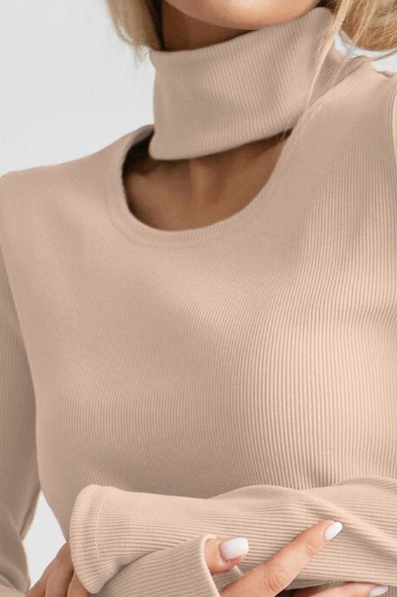 High Neck Long Sleeve Cutout Ribbed Side Slit Maxi Dress
