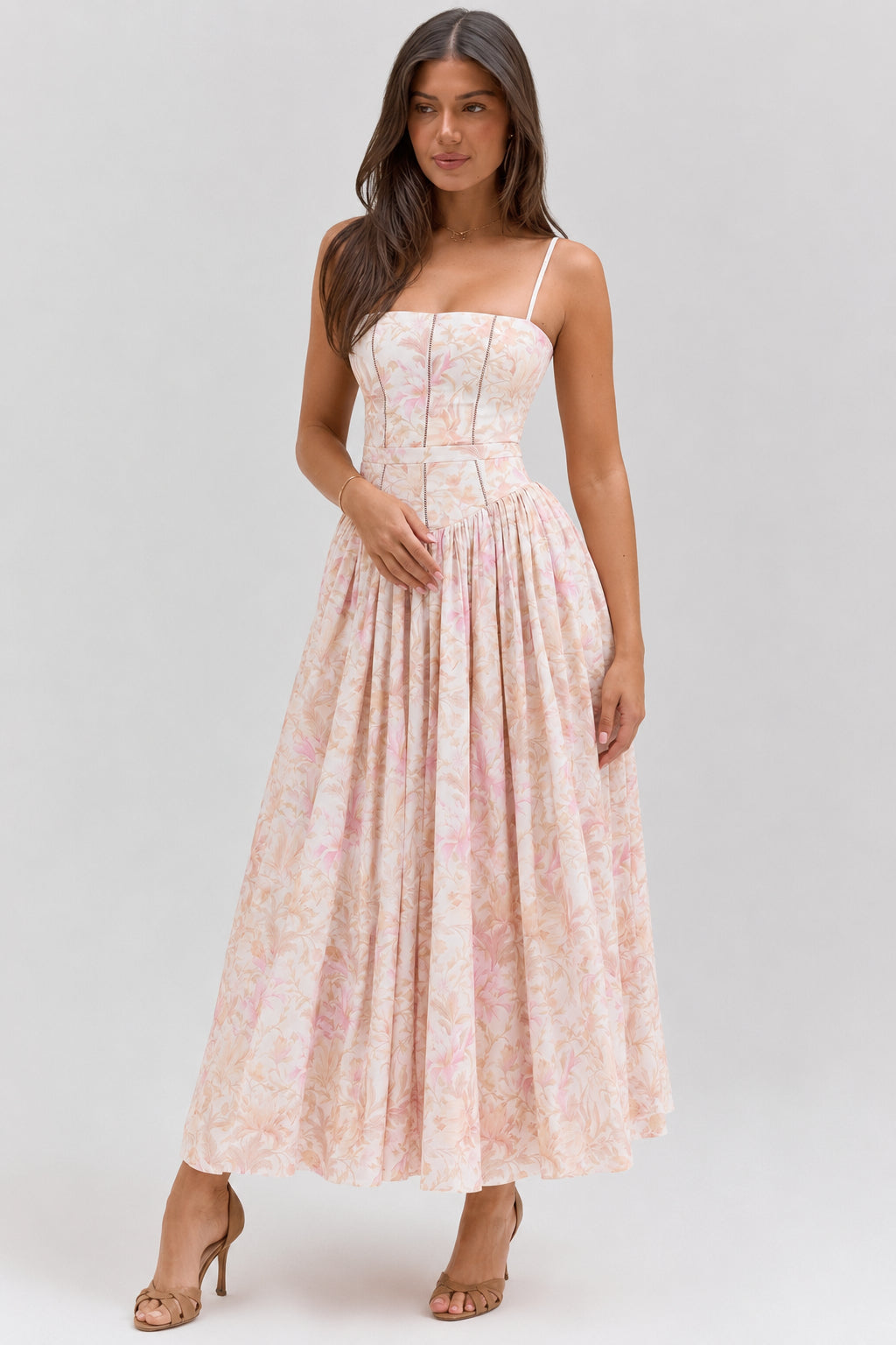 Floral Print Corset Drop Waist Full Skirt Maxi Dress