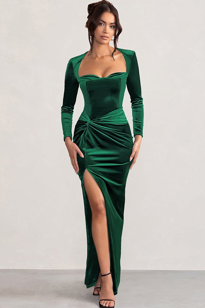 Velvet Square Neck Party Dress - Fashionpara