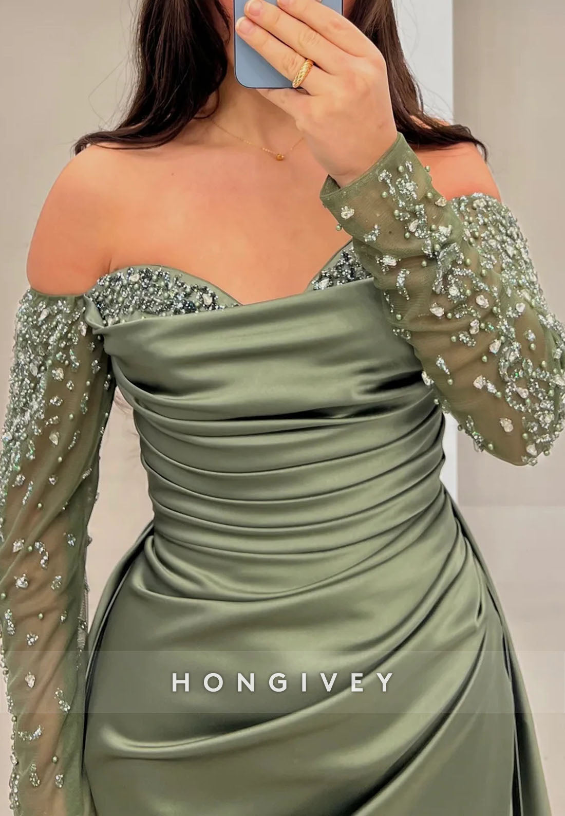 Satin Off the Shoulder Pleated Beading Long Sleeve Sweep Train Column Evening Gown