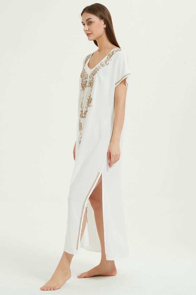 Embroidered V-Neck Short-Sleeve Kaftan Maxi Dress 42