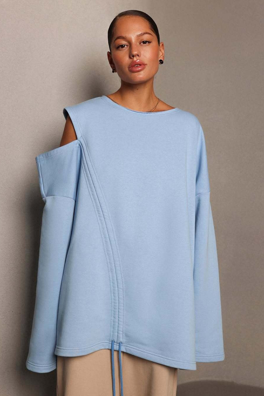 Structured Round Neck Pullover Drawstring Blouse