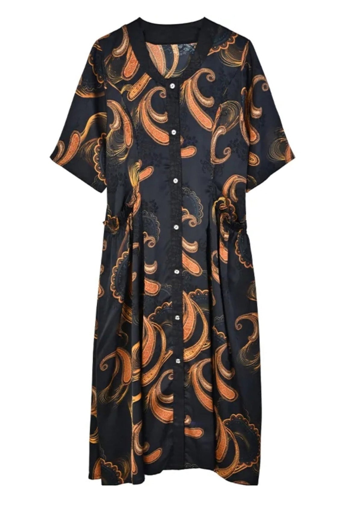 Paisley Print V-Neck Short Sleeve Button Front A-Line Midi Dress - View 5