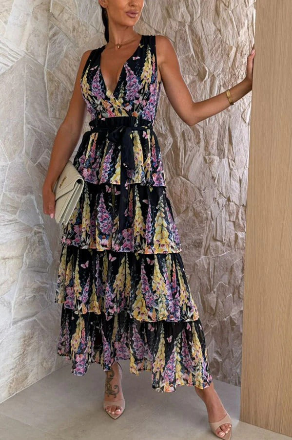 Sunny Views Lavender Print V-neck Tie-up Tiered Maxi Dress - Fashionpara