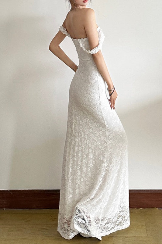 Floral Lace Off-Shoulder Short Sleeve Mermaid Maxi Dress 8