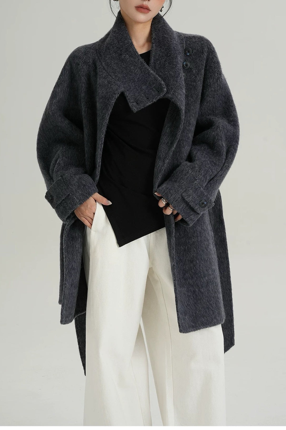 Solid Wool Warm Loose Mock-neck Coat 2