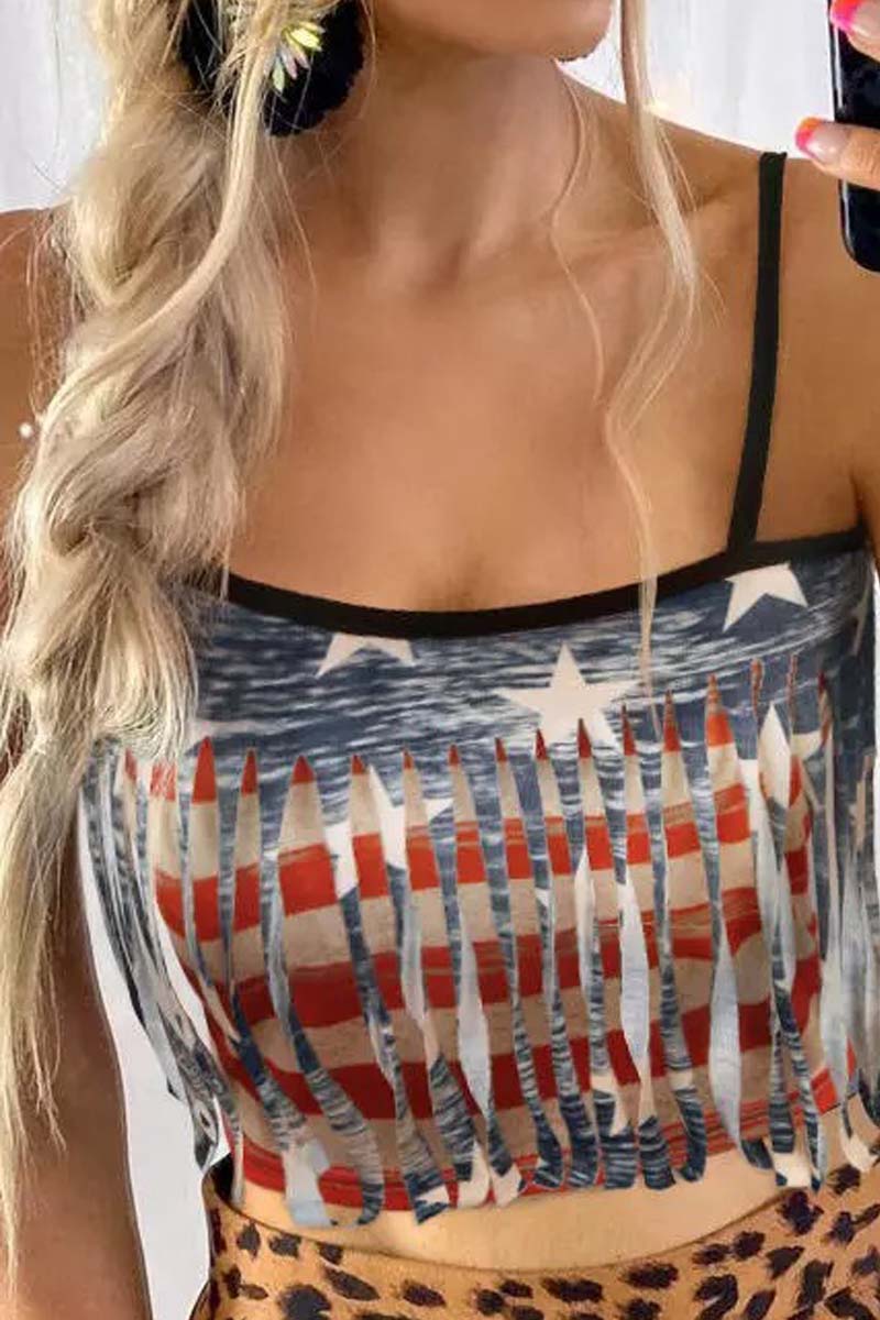 American Flag Star Striped Tassel Crop Top Fashionpara