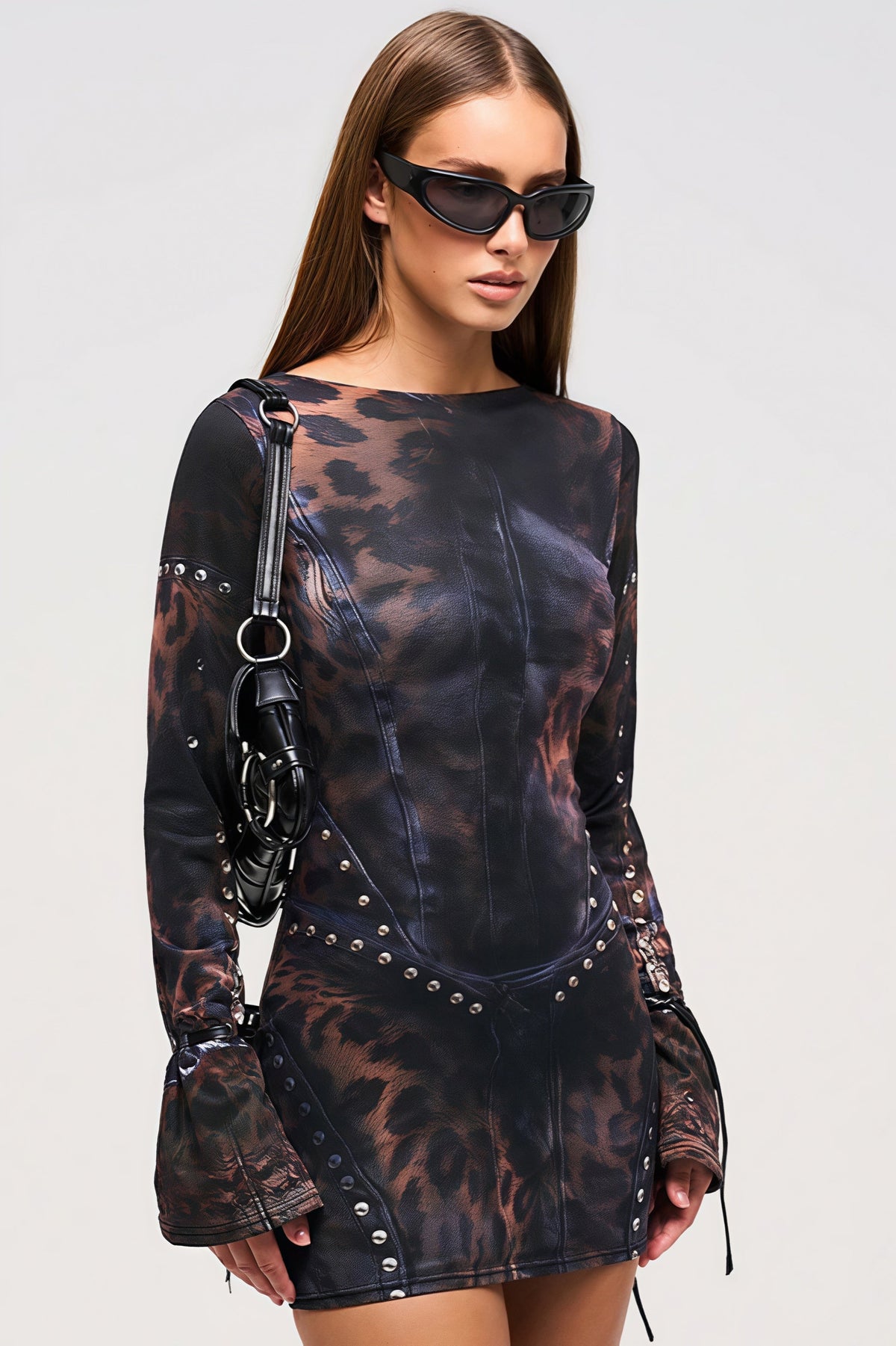 Leopard Studded Lace Up Sleeve Bodycon Mini Dress