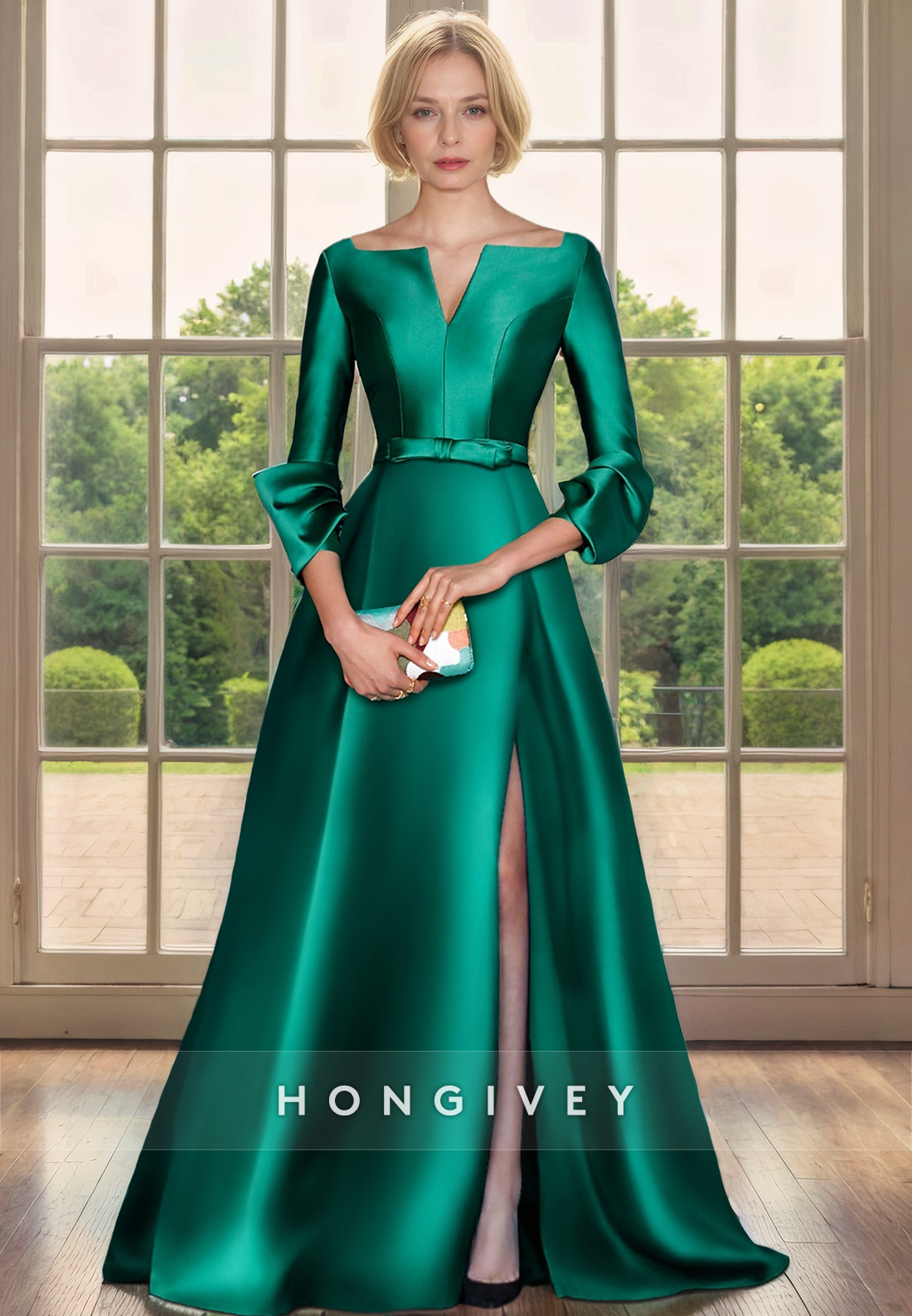 HM188 - A-Line Empire Belt With Side Slit 3/4 Sleeves Mother of the Bride Dress