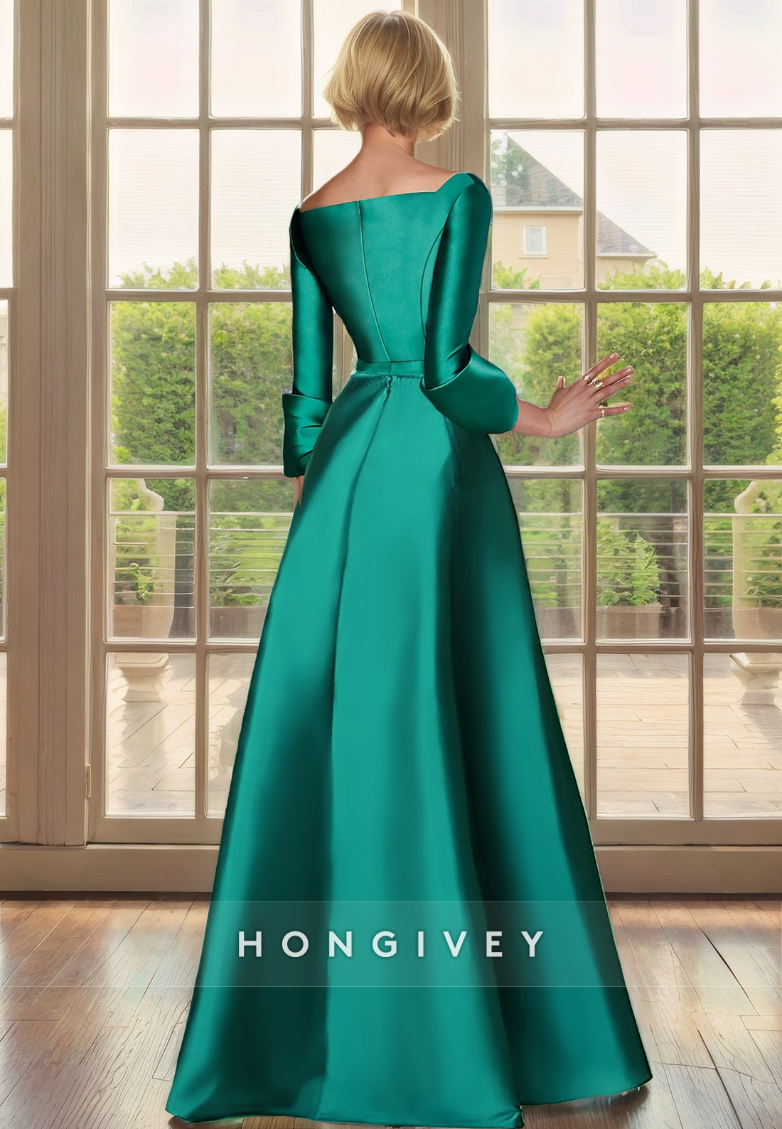 HM188 - A-Line Empire Belt With Side Slit 3/4 Sleeves Mother of the Bride Dress