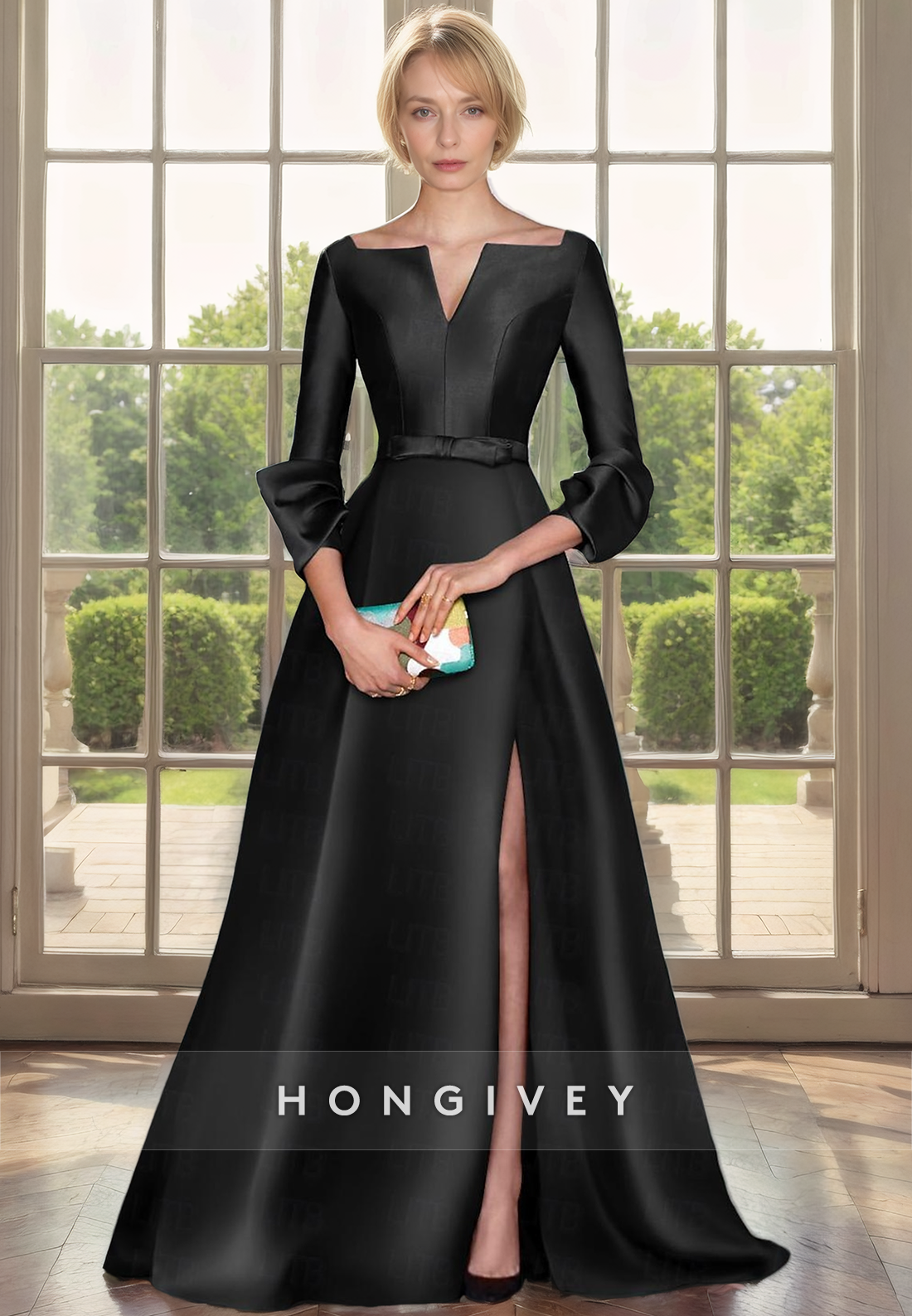HM188 - A-Line Empire Belt With Side Slit 3/4 Sleeves Mother of the Bride Dress