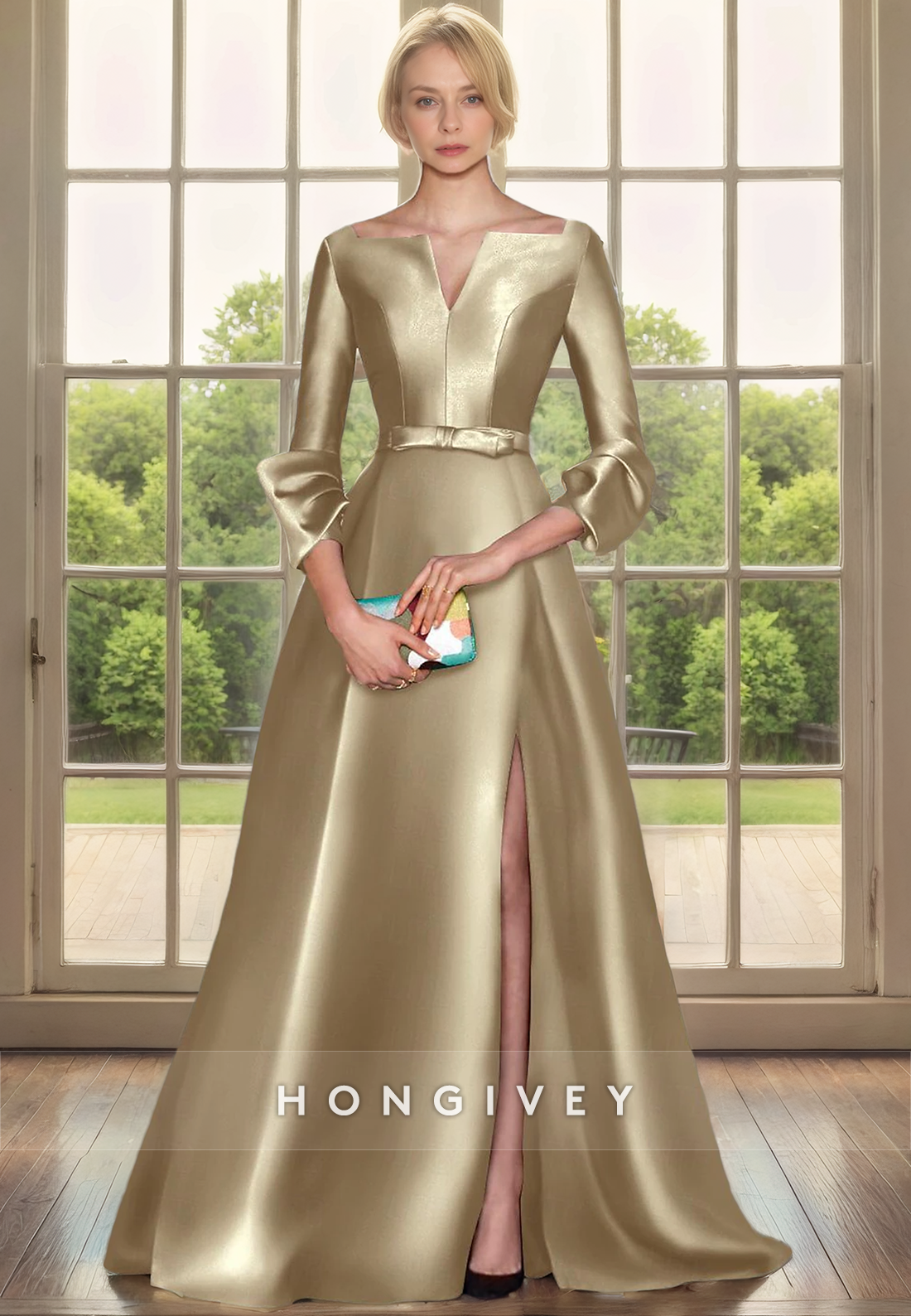 HM188 - A-Line Empire Belt With Side Slit 3/4 Sleeves Mother of the Bride Dress