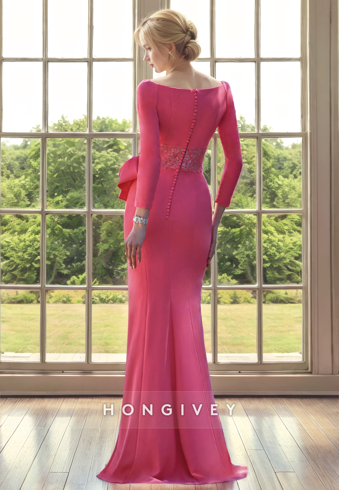 Trumpet Scoop 3/4 Sleeves With Side Slit Ruffled Mother of the Bride Dress