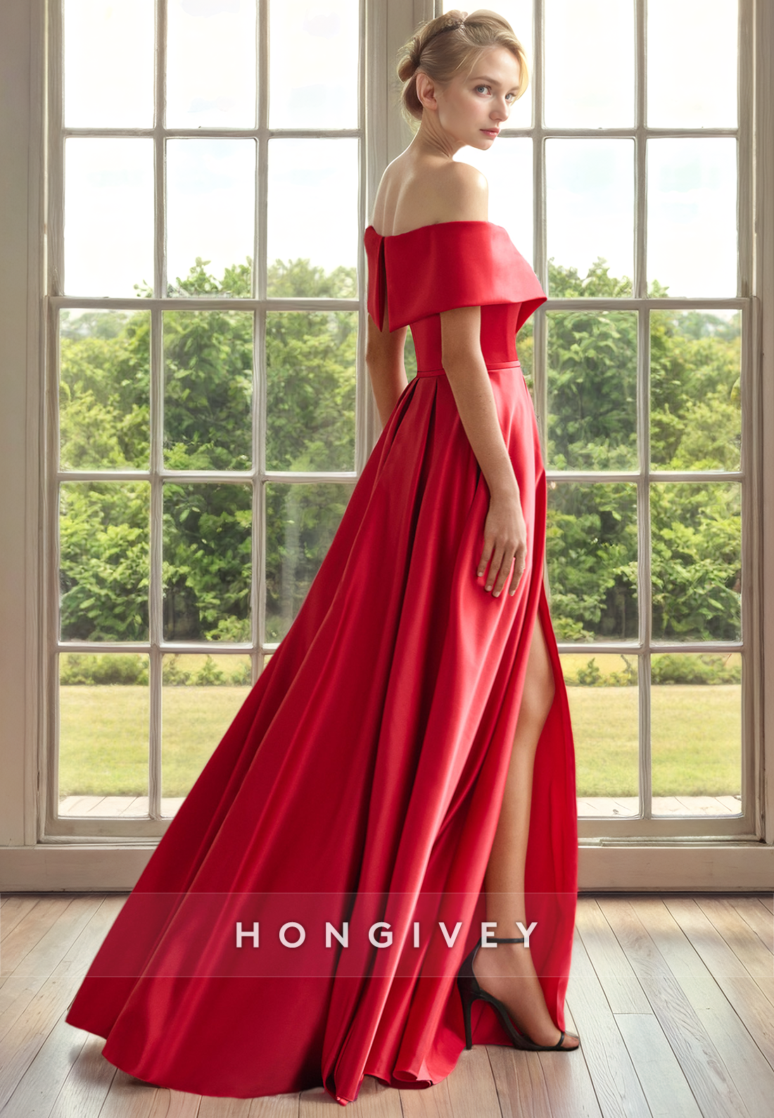 Satin A-Line Off-Shoulder With Side Slit Mother of the Bride Dress