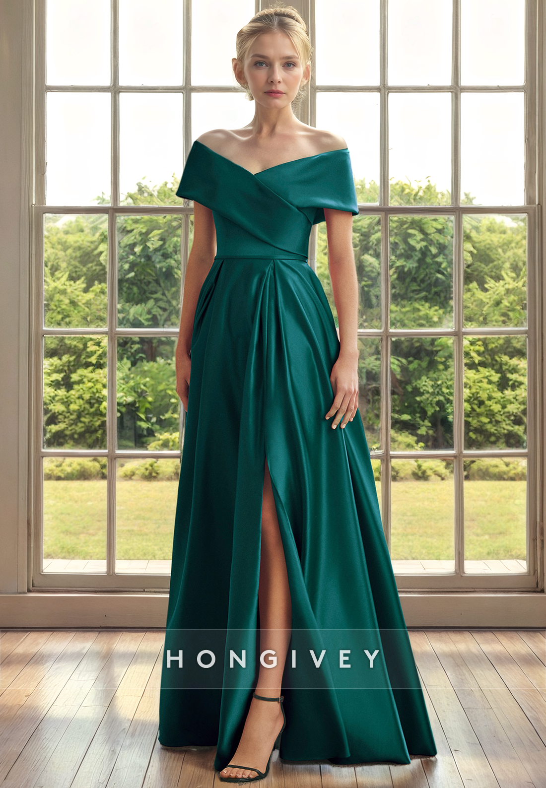 Satin A-Line Off-Shoulder With Side Slit Mother of the Bride Dress