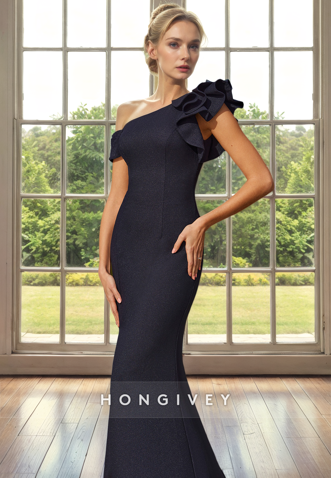 Trumpet One Shoulder Empire Ruffled With Slit Mother of the Bride Dress