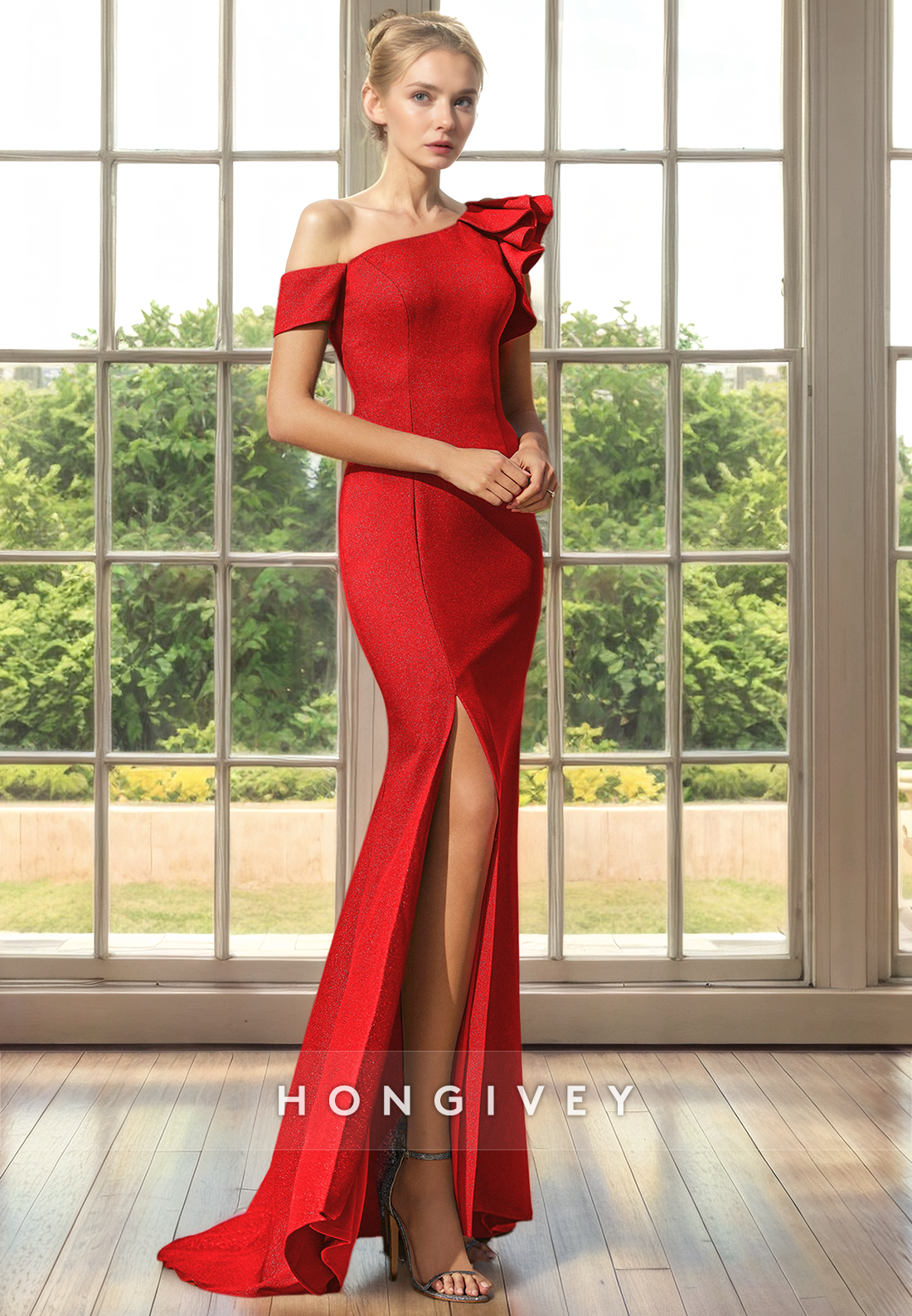 Trumpet One Shoulder Empire Ruffled With Slit Mother of the Bride Dress