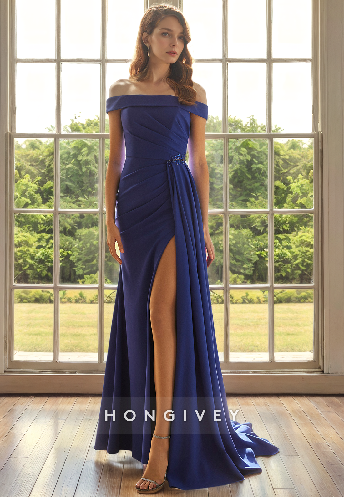Satin A-Line Off-Shoulder Sleeveless With Side Slit Mother of the Bride Dress