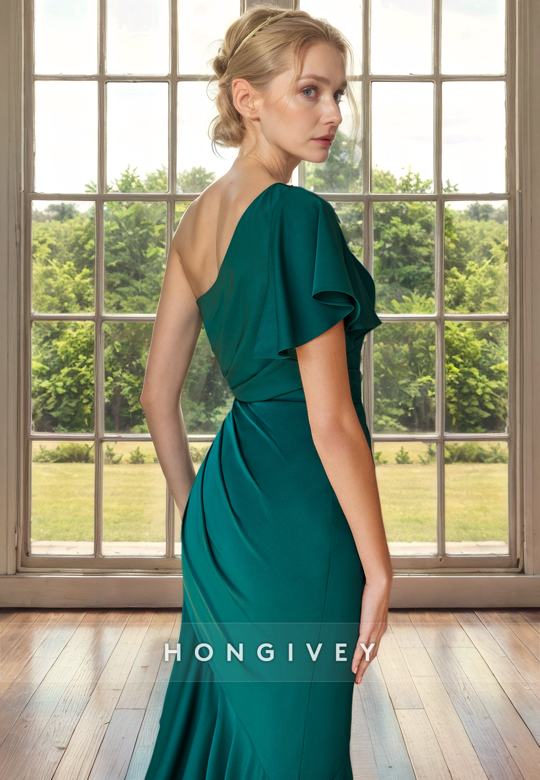 Simple One Shoulder Sleeveless Ruffled Mother of the Bride Dress
