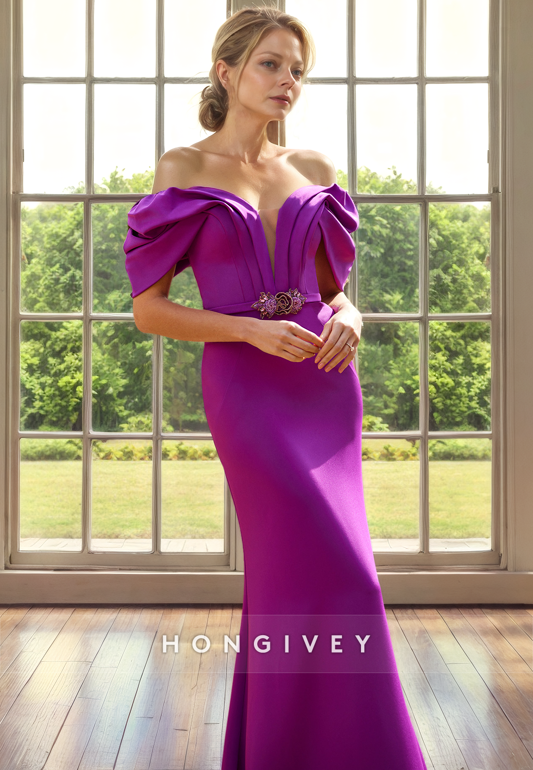 Trumpet Off-Shoulder Empire Ruched With Sweep Train Mother of the Bride Dress