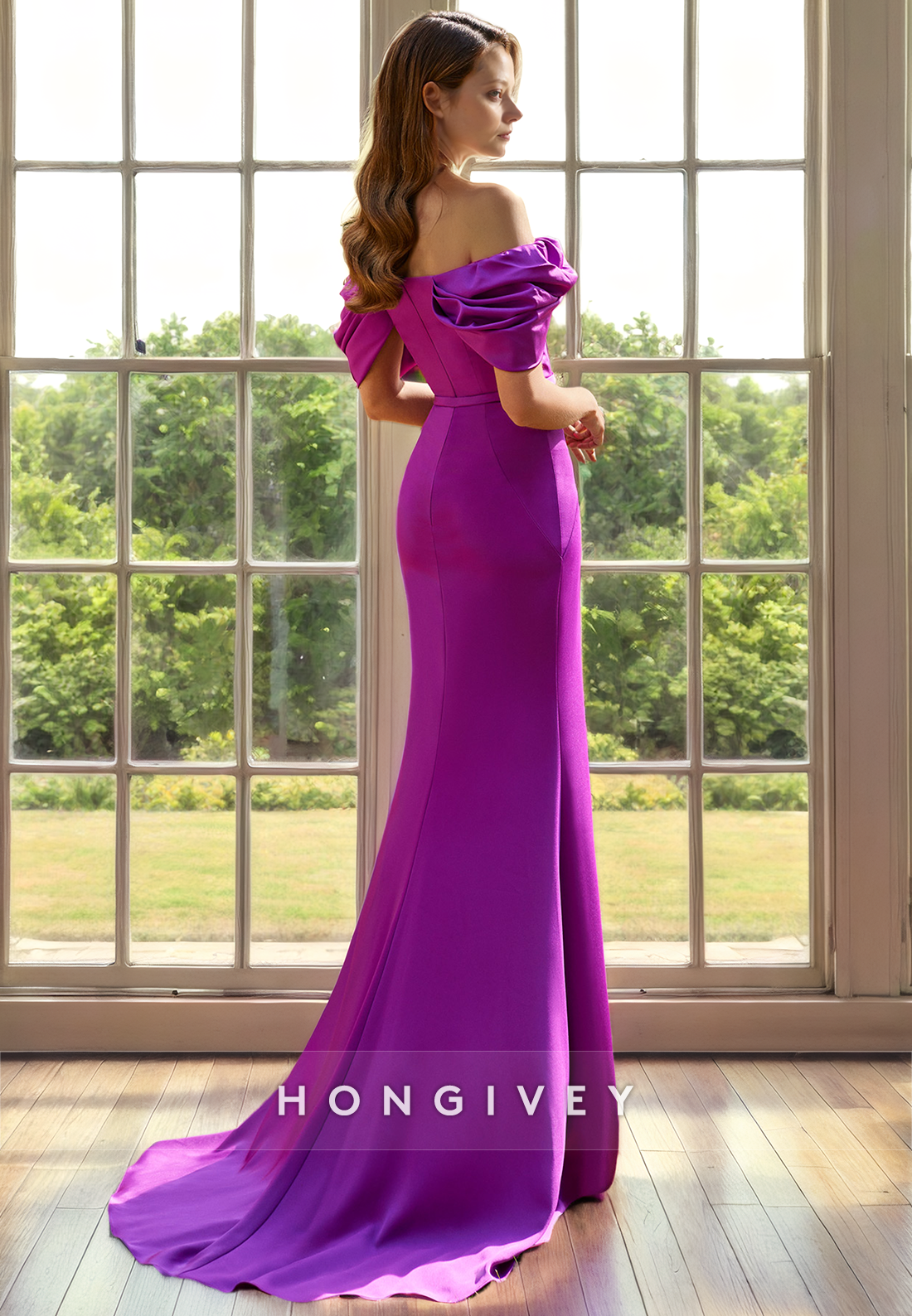 Trumpet Off-Shoulder Empire Ruched With Sweep Train Mother of the Bride Dress