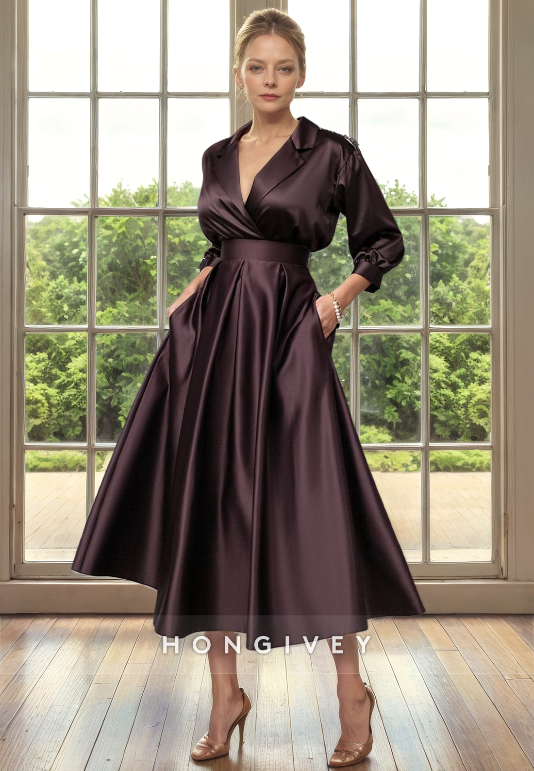 Satin A-Line Empire V-Neck 3/4 Sleeves With Pockets Cocktail Evening Dress