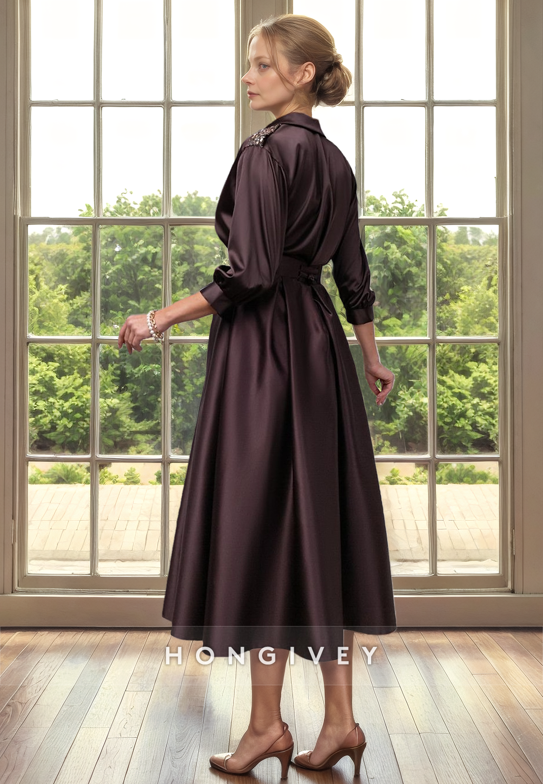 Satin A-Line Empire V-Neck 3/4 Sleeves With Pockets Cocktail Evening Dress