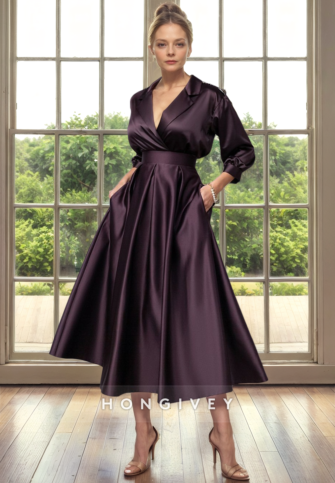 Satin A-Line Empire V-Neck 3/4 Sleeves With Pockets Cocktail Evening Dress