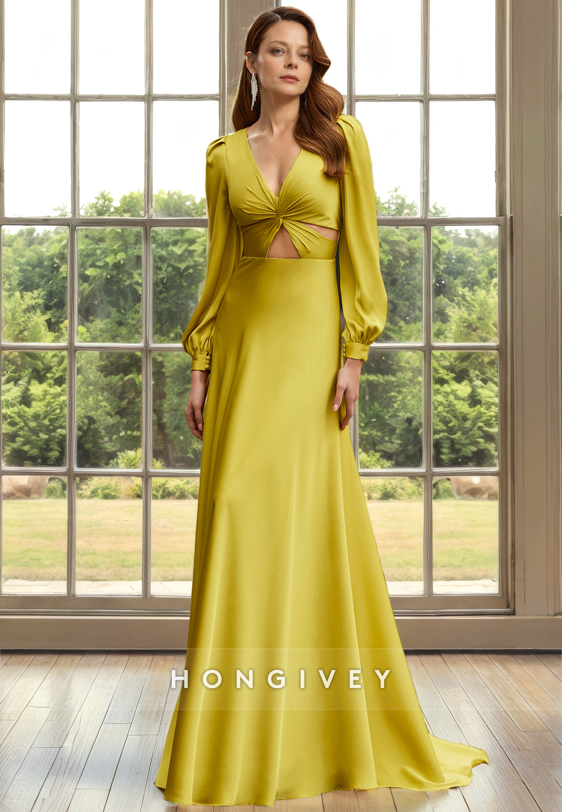 Chic Satin A-Line V-Neck Long Sleeve Mother of the Bride Dress