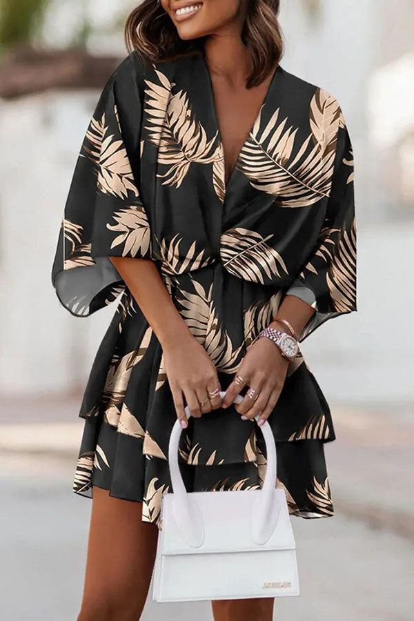Heidi Plants Print Twist Design Batwing Sleeve Mini Dress - Fashionpara